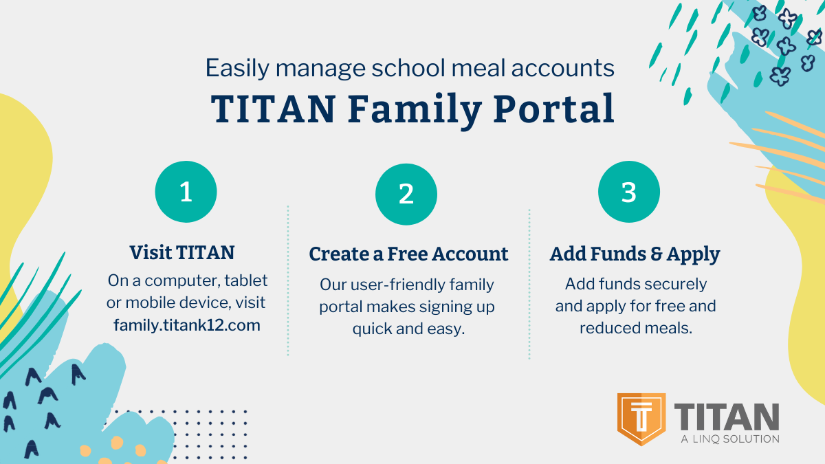 Easily manage school meal accounts with TITAN Family Portal 1. visit TITAn for a free account visit family.titank12.com. 2. Create a free account with our user-friendly platform. 3. Add funds and apply for free and reduced meals. 